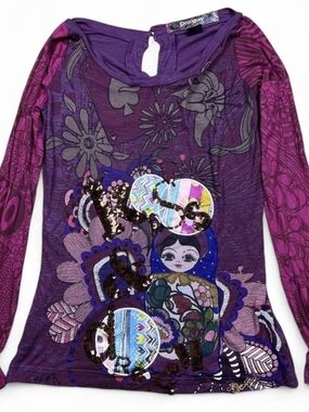 Desigual RARE Y2K Purple & Pink Long-Sleeve Graphic Doll Sequin Top